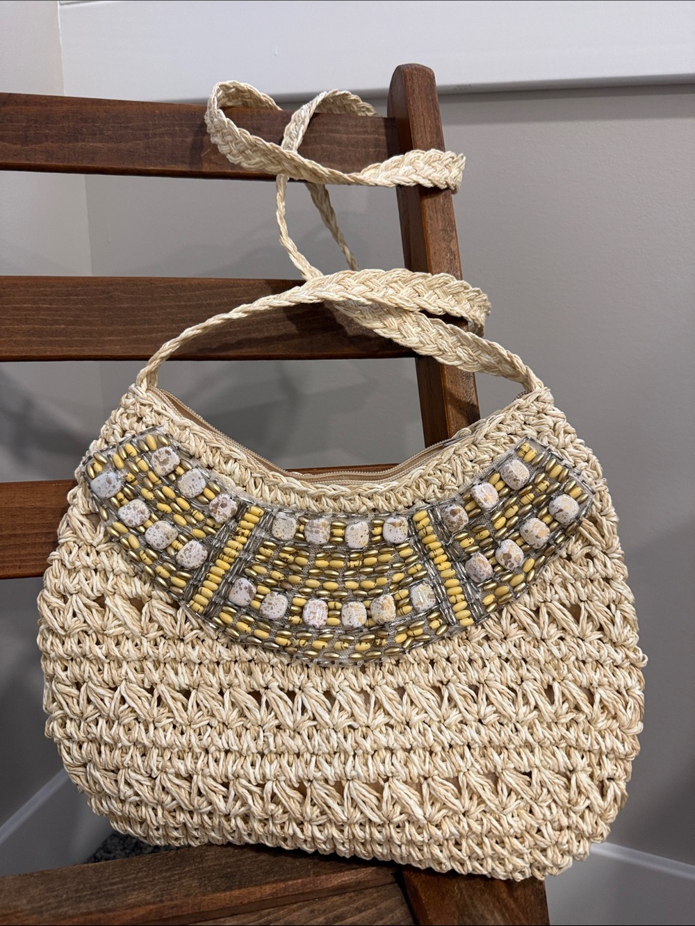 Vintage Sun N Sand Beaded Woven Raffia Shoulder Bag Boho Coastal Beaded Stones